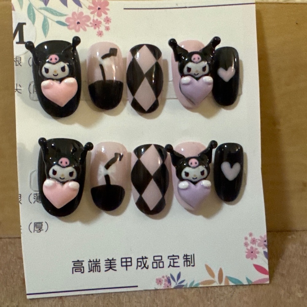 Black Pink Character Press On Nails 3D Heart Harlequin Diamond Short Almond 10pc